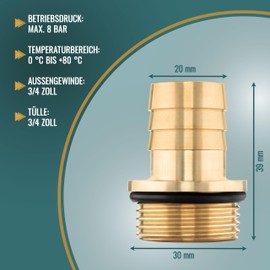 Poppstar 2 x Hose Nozzle 3/4 Inch Male (26.44 mm) to 3/4 Inch Nozzle (19 mm), Brass, with Collar and O-Ring