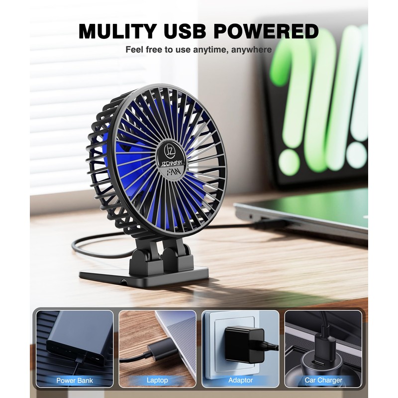JZCreater USB Desk Fan, Mini Portable Fans, 3 Speeds Desktop