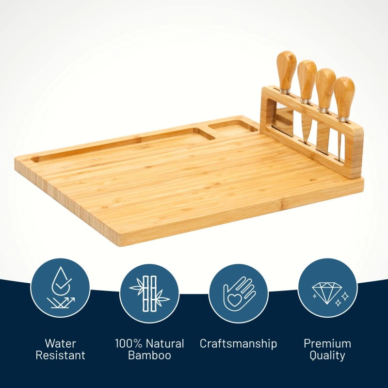 Royalhouse Bamboo Cheese Board And Knife Set 11X14 Charcuterie Tray