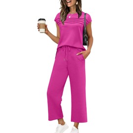 WIHOLL Summer Sets for Women 2025 2 Piece Outfits Cap Sleeve Loungewear Travel Airport Clothes Vacation Outfits Date Wide Leg Crop Pants Sets Hot Pink L