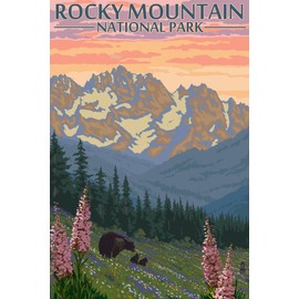 Rocky Mountain National Park, Colorado - Bear and Cubs with Flowers (16x24 Giclee Gallery Print, Wall Decor Travel Poster)