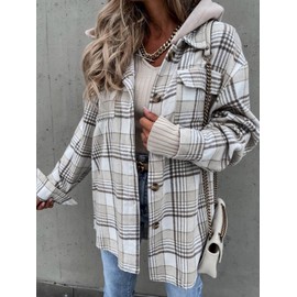 utcoco Womens Chunky Shacket Jacket Button Down Flannel Jacket with Hood Plaid Hoodie Coats (Medium, White)