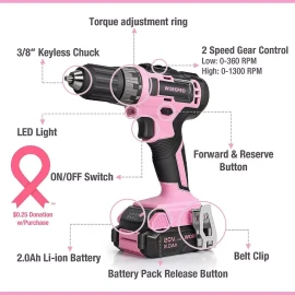WORKPRO 20V Cordless Drill Driver Set 3/8" Keyless Chuck w/Battery Charger & Bag