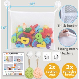 Bath Toy Net 18”x16” - Kids Bath Tub Toy Holder, Mesh Bag for Bath Toys, Baby Bathtub Toy Storage Organizer, Large Bathroom Bucket Bin - Toddler Shower Caddy Hanging Basket + 2 Suction Cups & 2 Hooks