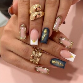 Rchovsam xl Square Press on Nails Long French Tip Fake Nails Gold Rose Designs Nails Press Ons White French Glue on Nails Acrylic Full Cover Gel False Nails Gift for Women 24pcs