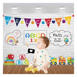 MAQTT 7x5ft Welcome Back to School Theme Photography Backdrop Wall ABC Letters Numbers Party Decoration Find Joy in The Journey Background for Students Teachers Party Supplies