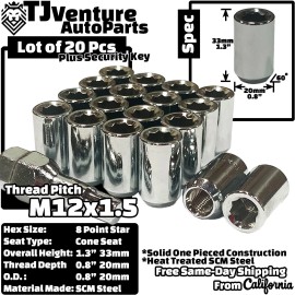 TJ 20Pcs Chrome M12x1.5 8 Point Star Tuner Lug Nuts+Key Fit Oldsmobile Jeep Models