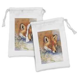 Lunarable Fox Fabric Pouch Set of 2, Wild Animal Theme Portrait of a Fox Pattern in Watercolor Effect Style Print, Small Drawstring Bag for Toiletries Masks and Favors, 9" x 6", Cinnamon and Coconut