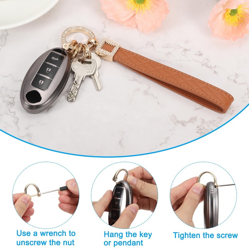 [PATIKIL] レザーリストレットキーチェーン キーチェーンホルダーキーフォブリ ストバンド 5つ キーリングと紛失防止Dリング付き 男性用女性用財布車キー用 金色/レッド