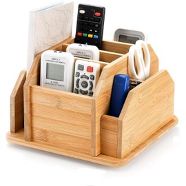 yarlung Bamboo Rotating Remote Control Holder for Table, 7 Compartments Office Supplies Organizer 360° Spinning Desktop Storage Caddy for Pen, Colored Pencil, Book Sewer, Sticky Notes