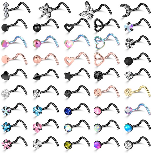 ONESING 44 Pcs 20G Nose Rings Studs Screw Nose Rings for Women Nose Piercings Jewelry Surgical Stainless Steel Straight Nose Studs Moon Star Heart Butterfly Hypoallergenic Body Piercing Jewelry for Women Men