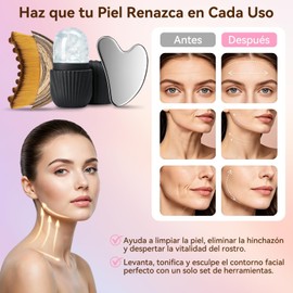 3PCS Kit de Skincare, con GuaSha Acero Inoxidable, Cepillo Facial y Rodillo de Hielo para Contorno, Drenaje Linfático, Desinflamar y Piel Firme, Rutina de Skincare Completa para Rostro y Cuello