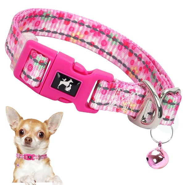 Pink Puppy Collar with Bell - Reflective Adjustable Nylon Kitten-Safe