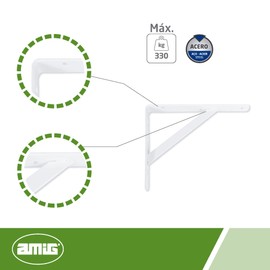 Amig - Model 9 Shelf Bracket | Heavy-Duty Wall Bracket | Steel Shelf Support | Easy Installation | Max Load 330 kg | Ideal for Kitchen, Bathroom, Bedroom, Office | White, 250x200 mm, Alloy Steel