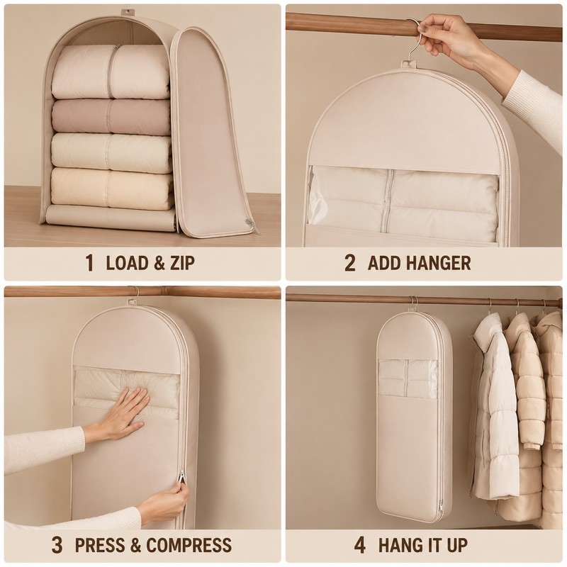 Beige Compression Hanging Garment Bag with Vacuum Seal and Clear