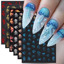 6 Sheets Summer Ocean Nail Decals for Nail Art Red Laser Gold Koi Nail Art Stickers 3D Self-Adhesive Octopus Jellyfish Fish Starfish Nail Decals Cute Marine Life Nail Supplies for Women Nail Decor