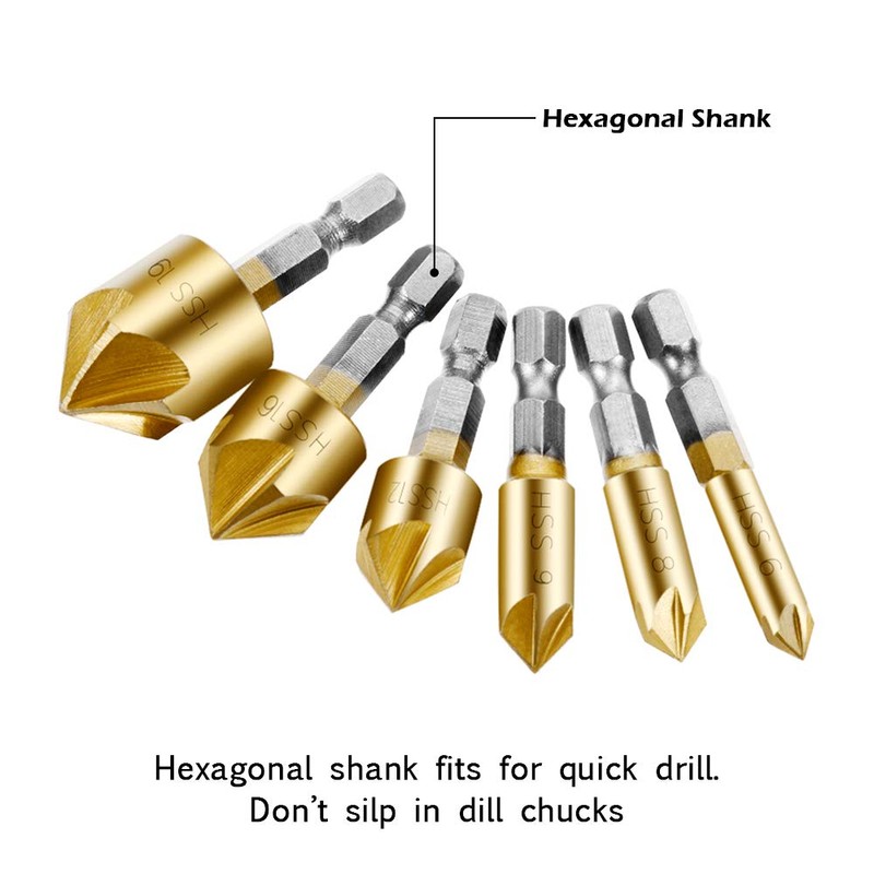 Beenle-Icey 6-Piece Countersink Set Hexagonal Countersink Drill Bit 90° Angle