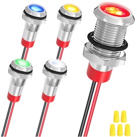 MKBKLLJY 5Pcs 8mm DC 12-24V Red/Yellow/Blue/Green/White LED Metal Indicator Light Waterproof Signal Lamp with 150mm Cable Length Metal LED Indicator Light and Wiring Cap for Car Interior Trucks Boats