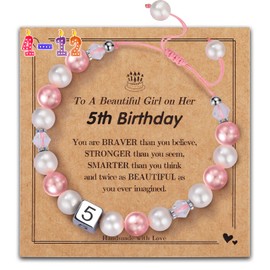 Alissl Happy Birthday Bracelet - Adjustable Pink Pearl Bracelet for 5 Year Old Girls - Kids Jewelry Gifts for Daughter Granddaughter Niece
