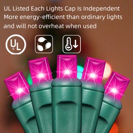 LAMPHOME 200LED (4pk of 50L) String Lights, LED Christmas Lights, 6" SPACING,Green Wire,Pink