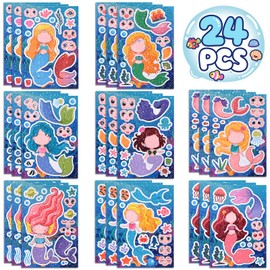 24 PCS 8.27’’×5.9’’ Make a Face Stickers for Kids Toddlers, Make Your Own Mix and Match Mermaid Stickers Sheets for Girls Crafts Activities, Birthday Gifts, Goodie Bags Stuffers