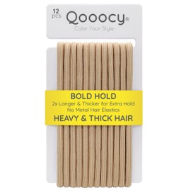 Qooocy Extra Long Hair Tie for Thick and Curly Hair - Elastic Ponytail Holders for Women or Men, No Metal Long-Lasting Braids Hair Accessories, 12 Count, Beige