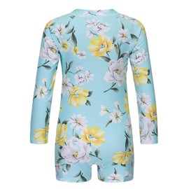 Zestonie Big Girls One Piece Rash Guard Swimsuits for Girl Long Sleeve Bathing Suits with UPF 50+ Sun Proctection Swimwear White Blue Florals Size 16/14-16 Years