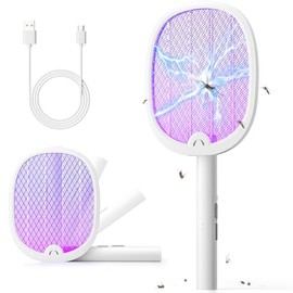 YISSVIC Electric Fly Swatter Foldable Bug Zapper Racket 2 in 1 Mosquito Killer with Purple Attractant Light Rechargeable 1800mAh for Indoor Home Backyard Patio Camping (1, White)
