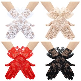 inSowni 4 Pairs Short Floral Lace Wedding Gloves White Black Red Champagne Opera Evening Tea Party Cosplay Costume Prom Gloves Accessories for Brides Girls Women