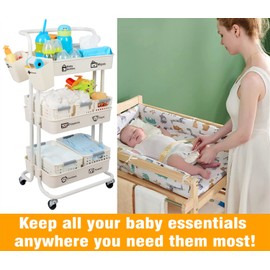 Baby Diaper Caddy Organizer Cart, 3-Tier Mobile Utility Rolling Cart with Baskets and Hanging Cups, Large Capacity Baby Essentials Storage Cart for Nursery, Changing Table & Crib, Easy to Assemble
