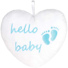 BRUBAKER Plush Heart Hello Baby 25 cm - Baby Shower Gift for Birth - Decorative Cushion Heart Made of Plush - Baby Room Decoration - Cushion for Newborns - Baby Boy Light Blue