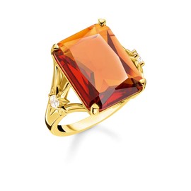 THOMAS SABO TR2261-971-8 Women's Ring Orange Stone Large with Star 925 Sterling Silver 750 Yellow Gold Plated, Sterling Silver, Cubic Zirconia