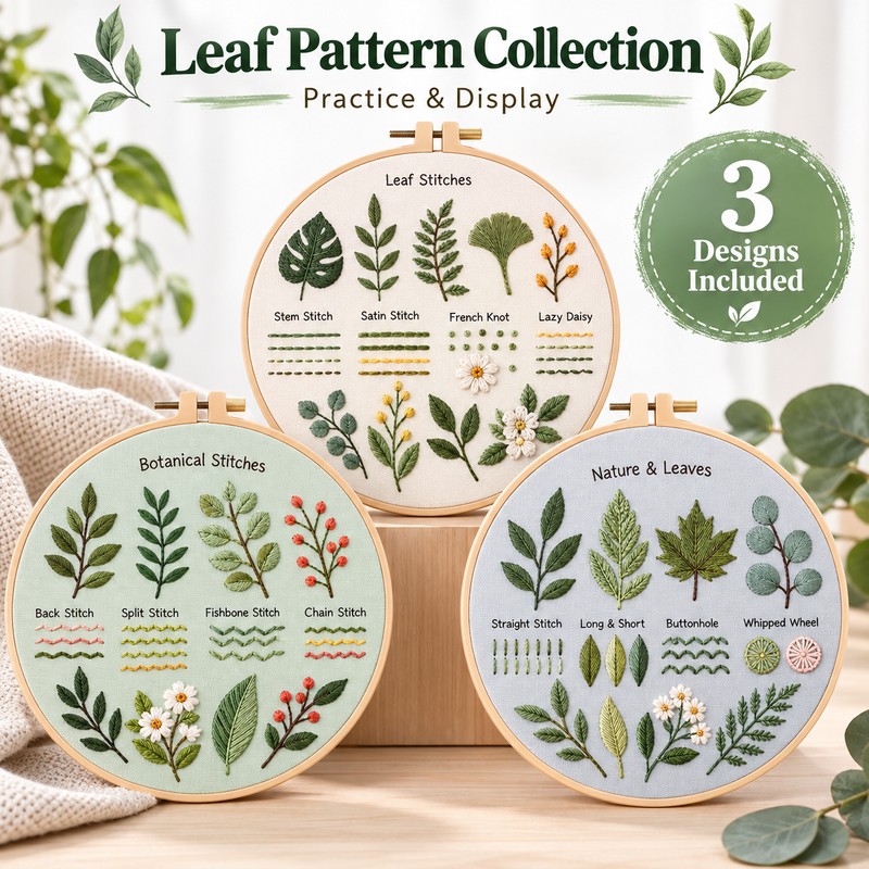 Embroidery Starter Kit for DIY Crafting – 3-Piece Cotton Leaf