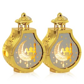 ABTOLS 2 Pieces Ramadan Lantern Decoration，Mini Eid Mubarak Moon Lamp Ramadan Hanging Candle Lantern Gold Islamic Muslim Light Lantern for Home Tabletop Decor