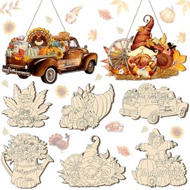 Chunful 6 Sets Paintable Thanksgiving Ornaments Unfinished Wood Crafts to Paint Turkey Wood Crafts for Painting Pumpkin Gnome Maple Cutouts DIY Ornaments for Adults Door Hanger Wall Decor