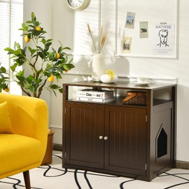 Tangkula Cat Litter Box Enclosure, Hidden Cat Washroom with Adjustable Interior Divider, Wooden Indoor Decorative Cat House Side Table with Doors & Large Tabletop, Litter Box Furniture Hidden for Cat