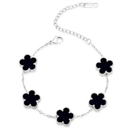 FLY FEI 18K Gold-Plated Four Leaf Clover Bracelet for Women,Adjustable lucky Bracelet Jewelry Gift-Hypoallergenic Charm for Birthdays, Wellness & Daily Wear(style02-Black(silvery))