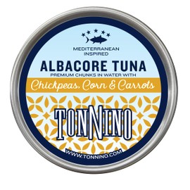 Tonnino Tuna Fish Albacore - Premium chunk in water with Chickpeas, Corn & Carrots - Pack of 12 – Alternative to Salmon – Protein Snacks – Ready to Eat Meals in Can