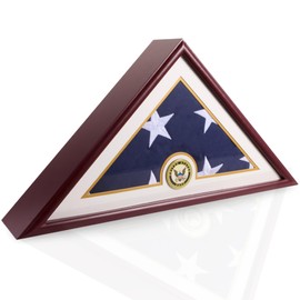 DECOMIL Navy Burial Flag Display Case - Solid Wood Shadow Box for 5x9.5 ft Flags with UV Protection Plexiglass, Custom Navy Mat, Wall Mount & Freestanding Design