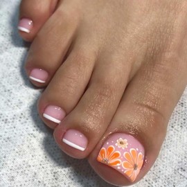 Gifiky French Fake Toe Nails Short Square Press on Toe Nails Daisy Nails Tips Cute Full Cover False Toe Nails Pink for Women and Girls 24Pcs