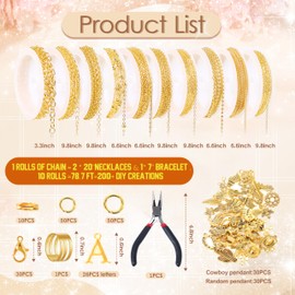 Meneng Necklace Jewelry Making Kit: 10 Rolls 78.7 Feet 18K Gold Plated Chains for DIY Western Necklace Bracelet - Jewelry Making Supplies for Beginners