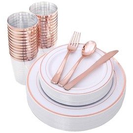 Eatsy Tableware Dinnerware Set, Premium Heavyweight, Reusable or Disposable Party Plates, Includes Dinner Plate, Dessert Plate, Cutlery, and Cup (Rose Gold, 150-Piece Set, Serves 25 Guests)