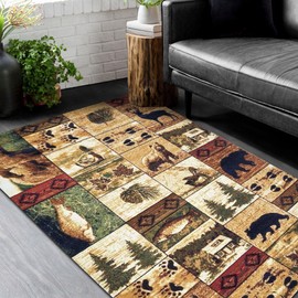 HR-Cabin Rug–Lodge, Cabin Nature and Animals Area Rug–Modern Geometric Pattern Cabin Area Rug