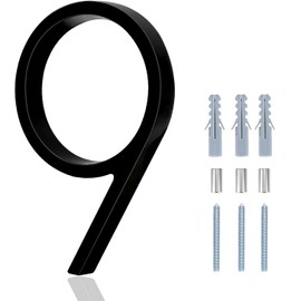 6 in House Number Signs for Yard, Metal Modern House Numbers, Black House Numbers for Outside with Screws, High Gloss Black Number 9