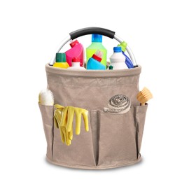 Yallmie 17L Cleaning Agent Organiser, 28 x 28 cm, Foldable Portable Cleaning Caddy with Handle and 6 Pockets, Cleaning Bag, Cleaning Basket, Organiser, Storage Basket, Tool Basket for Garden (Khaki)