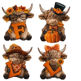 Sosation 4 Pcs Fall Highland Cow Figurines Autumn Pumpkin Highland Cow Gnomes Maple Leaf Scottish Resin Statue Calf Lovers Gifts for Thanksgiving Home Garden Kitchen Office Tiered Tray Table Decor