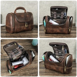 Top Grain Leather Travel Toiletry Bag Organizer for Man & Woman, Vintage Design, Large Size & Multi Pockets, Portable Large Capacity Travel Dopp Kit for Daily Toiletries/Cosmetics/Makeups, Coffee
