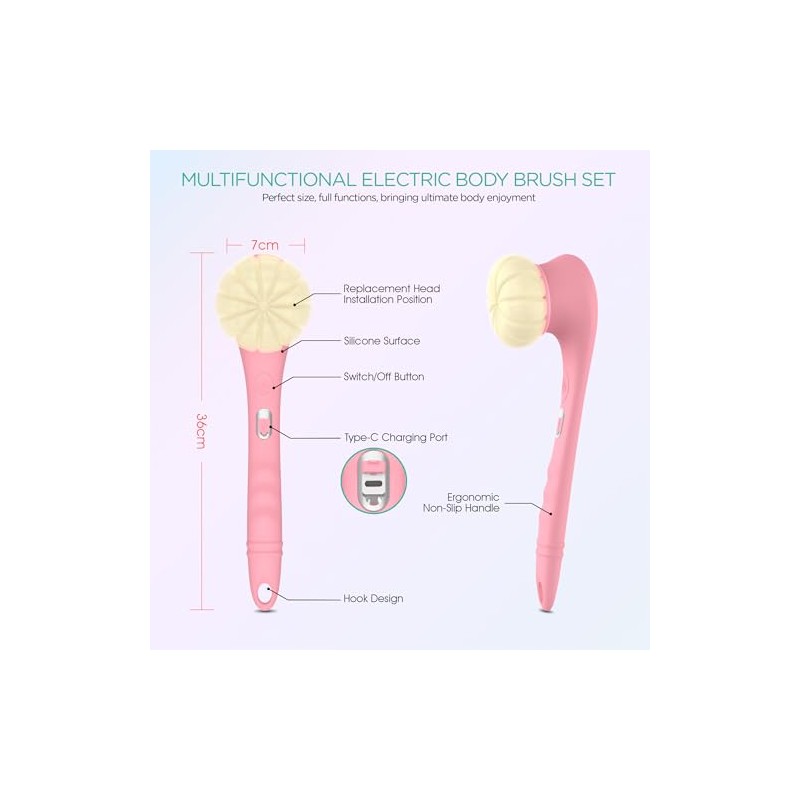 Voyor Cepillo Corporal Eléctrico Depurador Espalda Silicona Cabezal Giratorio Bidireccional