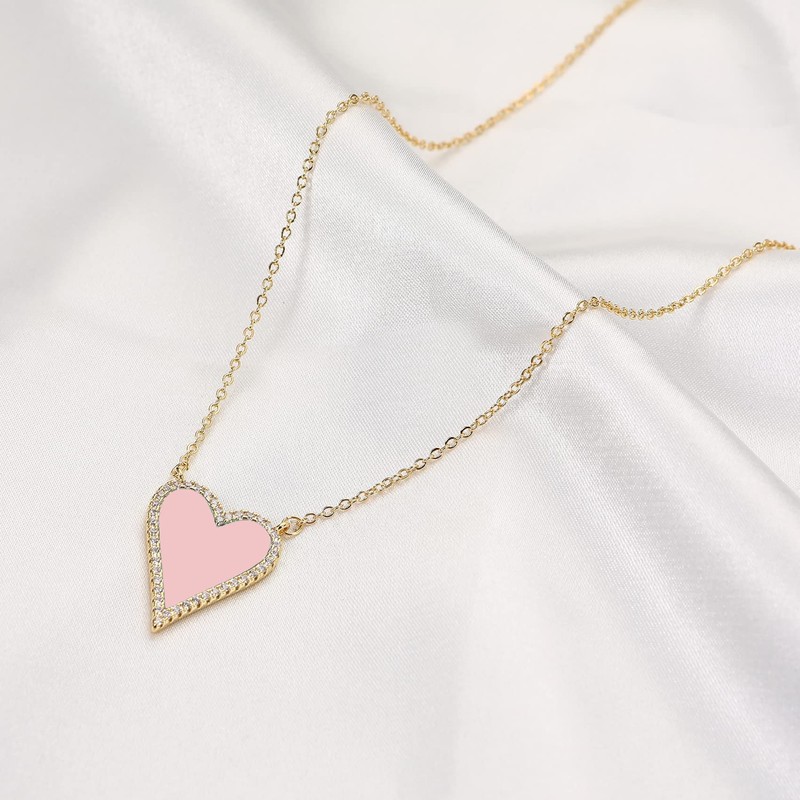 JINGDR Pink Heart Necklace for Women Trendy Preppy Jewelry Gold