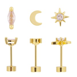 Mikovivi 3 Pairs Gold Flat Back Earrings, 3 Styles Gold Filled Cartilage Earrings Stylish Cubic Zirconia Studs Jewelry Gifts for Women